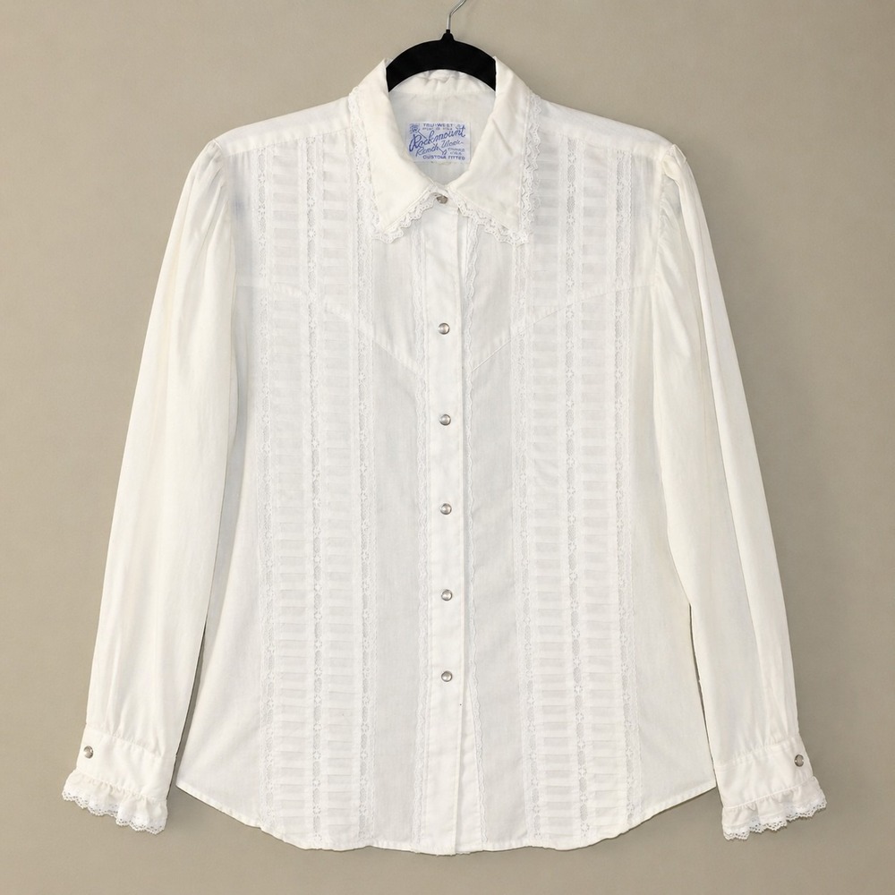 Classic Rockmount Ranch Wear women's western blouse in white with lace trim,...